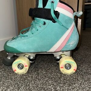 Suede Roller Skates in Teal and Pink